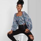 Women's Floral Print Bishop Long Sleeve Cropped Cinch Front Top - Wild Fable Blue