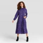 Women's Floral Print High Neck Long Sleeve Midi Tiered Dress - A New Day Navy Blue