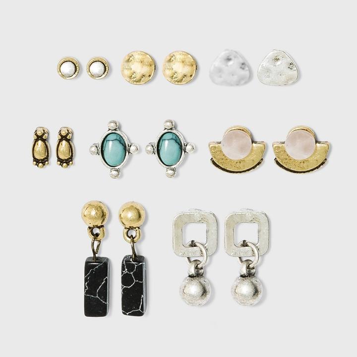 Mixed Geometric And Semi-precious Multi Earring Set 8pc - Universal Thread , Gold/silver/grey