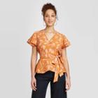 Women's Floral Print Ruffle Short Sleeve Wrap Top - A New Day Orange