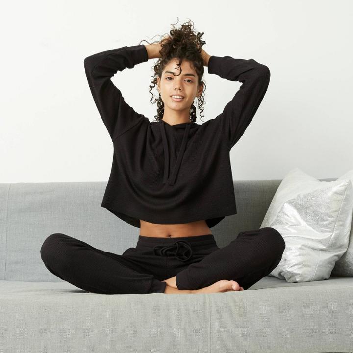 Women's Waffle Knit Cropped Hoodie - Wild Fable Black
