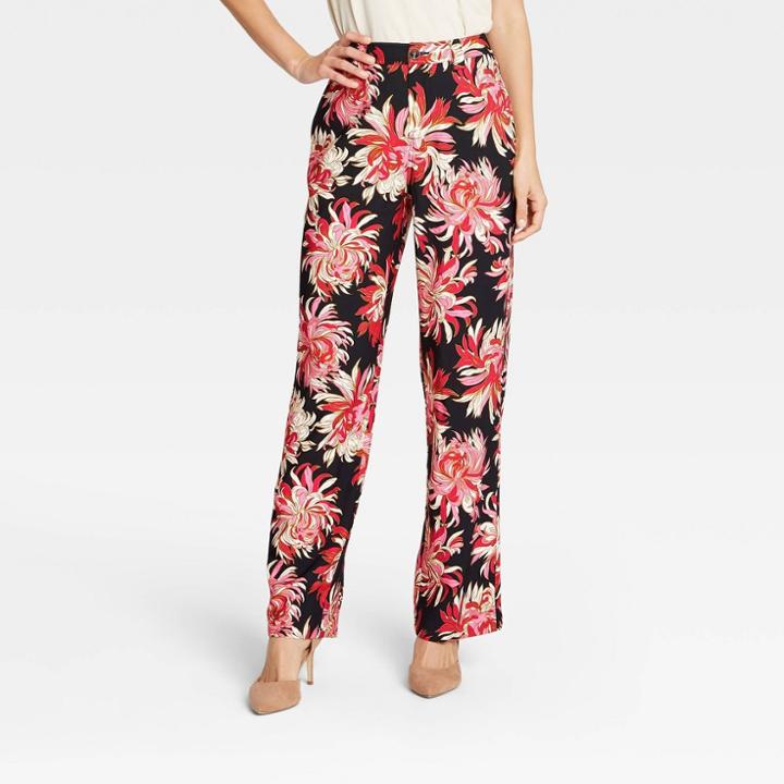 Women's Floral Print High-rise Wide Leg Pants - Who What Wear Black
