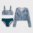 Girls' Palm Print Long Sleeve Cropped 3pc Bikini Set - Art Class Teal