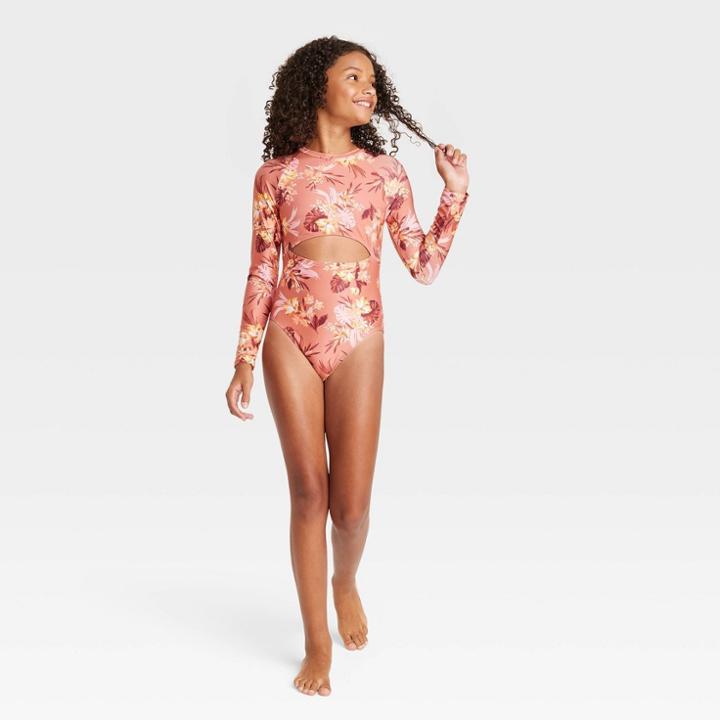 Girls' Island Floral One Piece Rash Guard - Art Class Brown