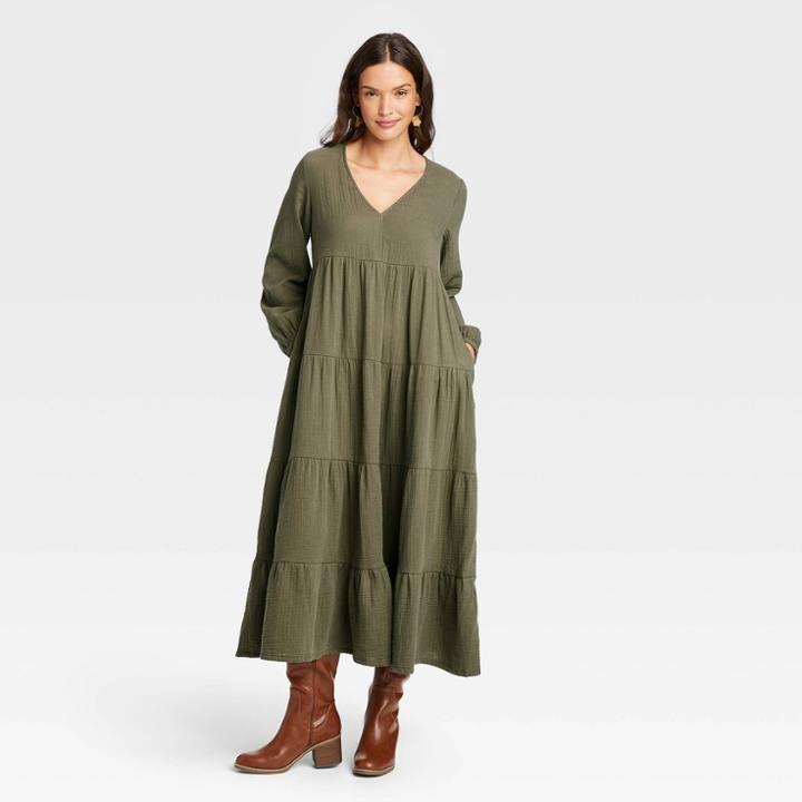 Women's Balloon Long Sleeve Tiered Dress - Universal Thread Green