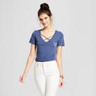 Women's Chicago Heart Short Sleeve Cross Front Drapey Graphic T-shirt - Awake Navy