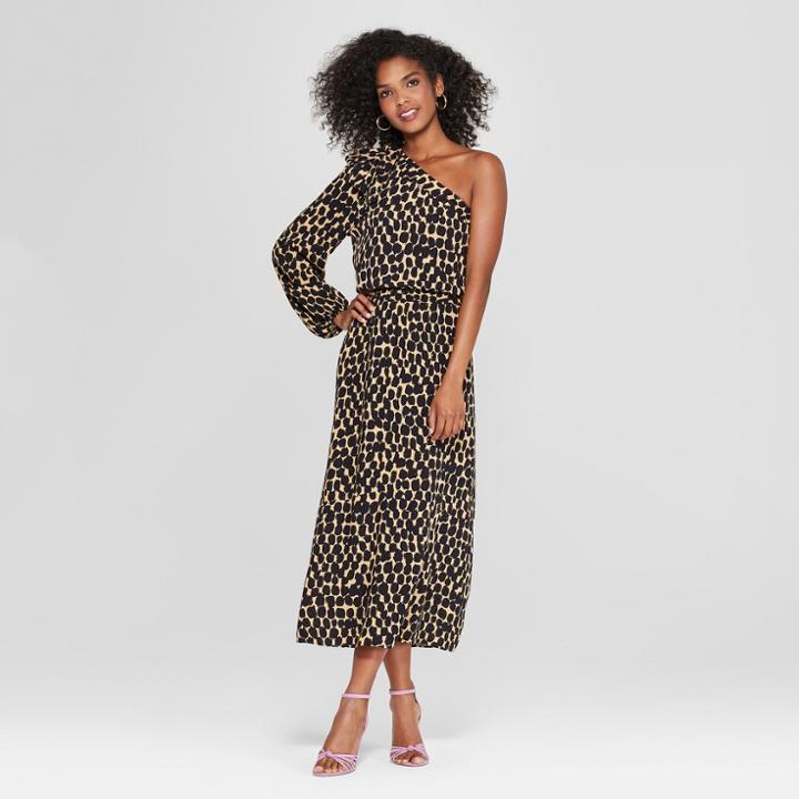 Women's Leopard Print Long Sleeve One Shoulder Midi Dress - Who What Wear Black/yellow