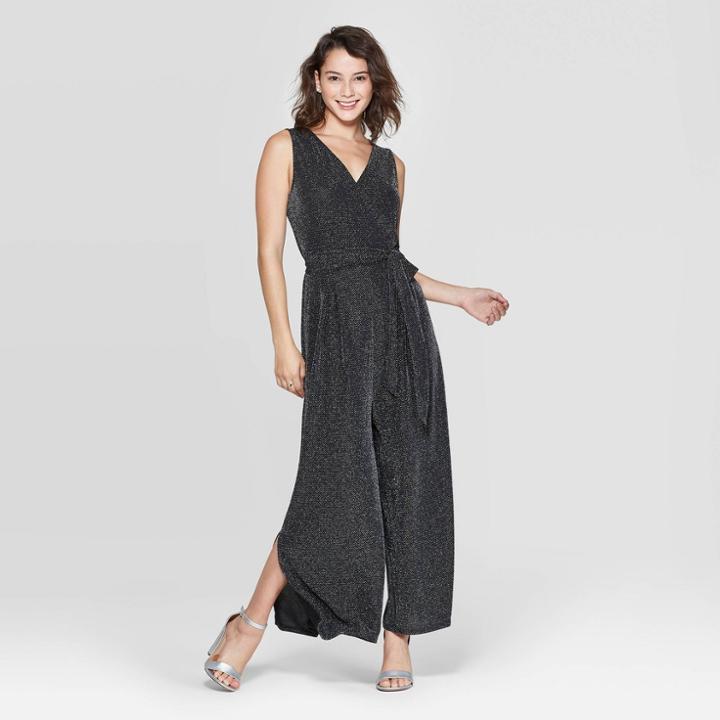 Women's Sleeveless V-neck Wrap Sparkle Jumpsuit - Xhilaration Black