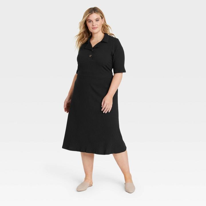 Women's Plus Size Elbow Sleeve Polo Rib Dress - Who What Wear Black