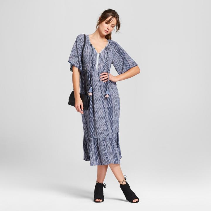Women's Short Sleeve Pom Trim Printed Midi Dress - Knox Rose Slate Blue Xl,