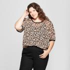 Women's Plus Size Leopard Print Short Sleeve Woven T-shirt - A New Day Beige