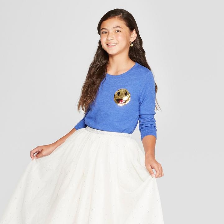 Girls' Long Sleeve Flip Sequin Emoji T-shirt - Cat & Jack Blue