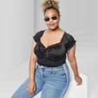 Women's Plus Size Short Sleeve Off The Shoulder Tie Front Crop Top - Wild Fable Black