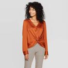 Women's Long Sleeve V-neck Woven Twist Front Top - A New Day Rust M, Size: