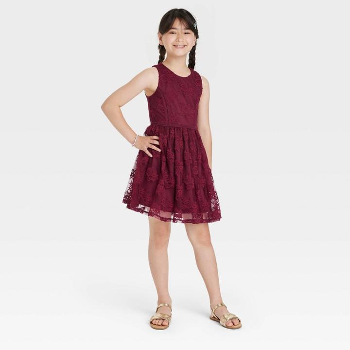 Zenzi Girls' Sleeveless Lace Dress - Burgundy