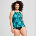 Costa Del Sol Women's Plus Size Palm High Neck Tankini Top - Turquoise