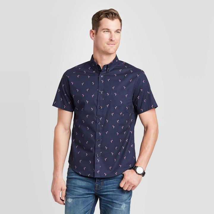 Men's Standard Fit Flamingo Print Short Sleeve Poplin Button-down Shirt - Goodfellow & Co Navy S, Men's, Size: