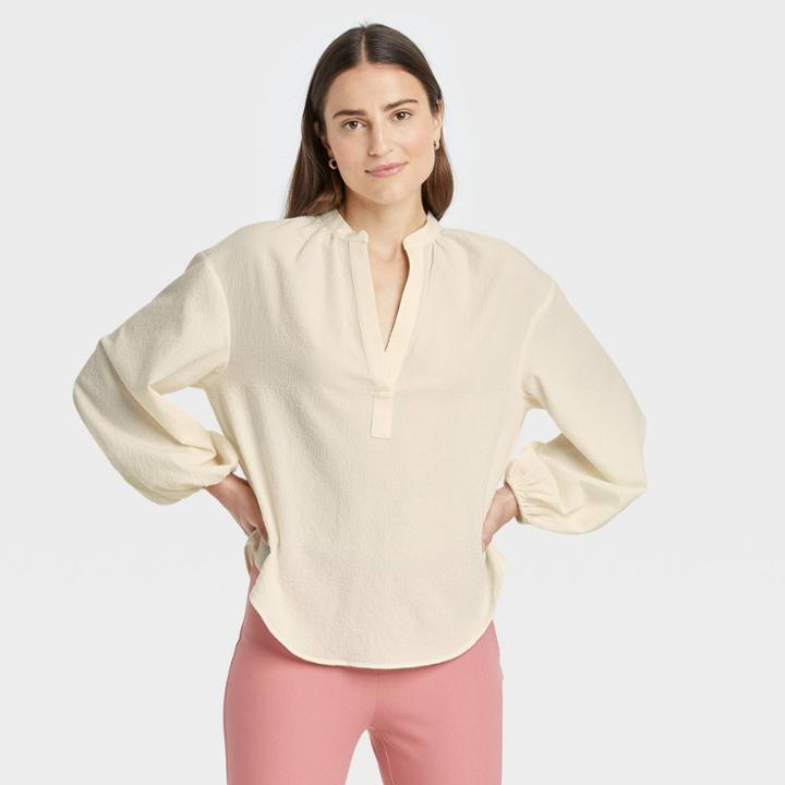 Women's Balloon Long Sleeve Popover Blouse - A New Day Cream