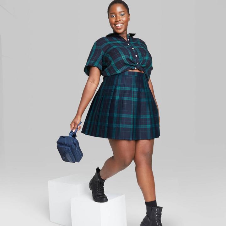 Women's Plus Size Woven Tennis Mini A-line Skirt - Wild Fable Navy Plaid