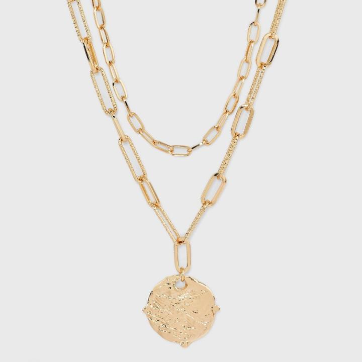 Textured Round Pendant Multi-strand Necklace - A New Day Gold