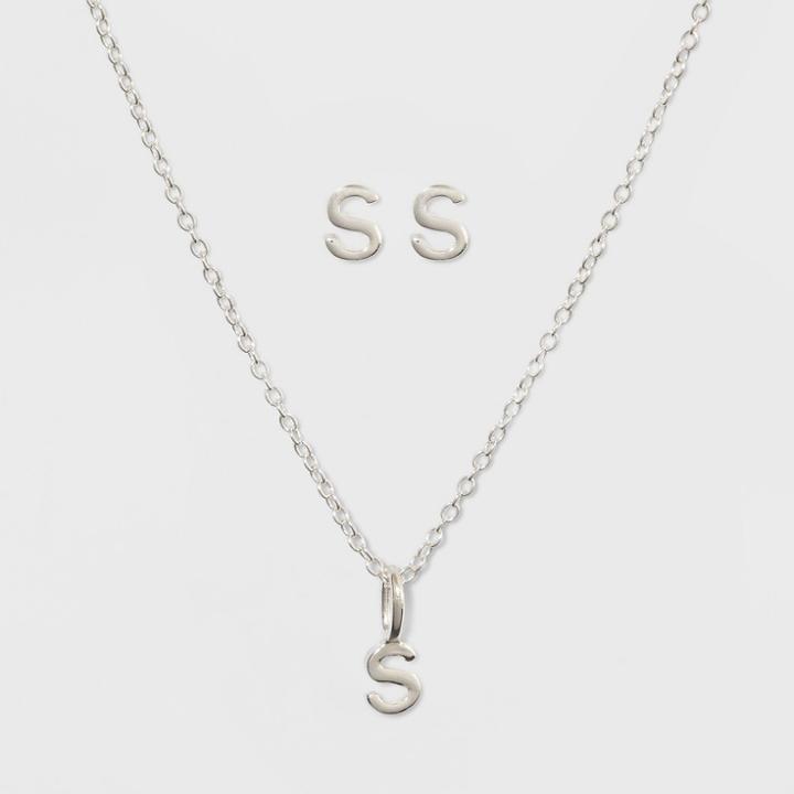 Sterling Silver Initial S Earrings And Necklace Set - A New Day Silver, Girl's, Size: Small,