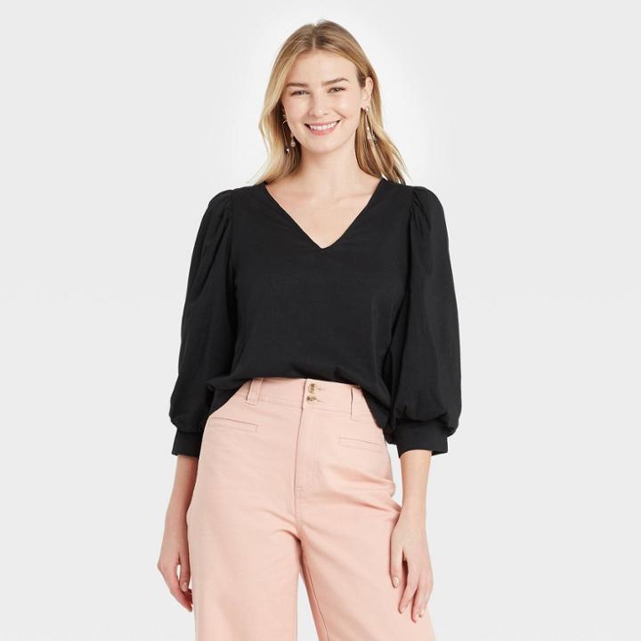 Women's 3/4 Sleeve Voile Top - A New Day Black