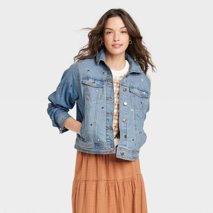 Women's Denim Jacket - Universal Thread Medium Wash Floral