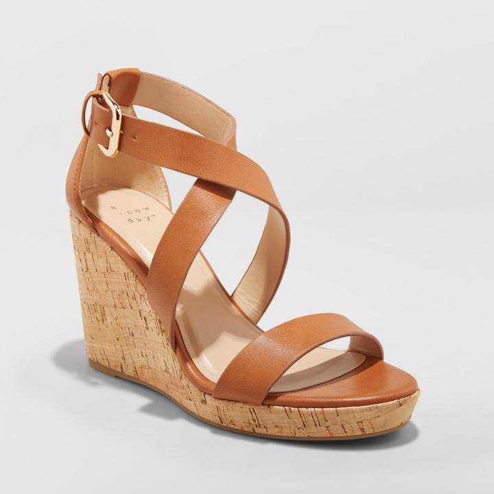 Women's Cecilia Strappy Cork Wedge Ankle Strap Sandal - A New Day Cognac (red)