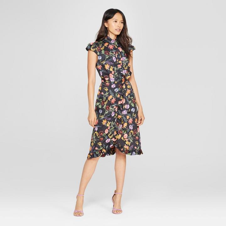 Women's Floral Print Button-down Frilled Dress - Who What Wear Black Xxl, Black Floral