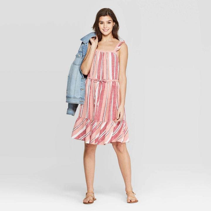 Women's Ruffle Sleeveless U-neck Stripe Dress - Universal Thread Red