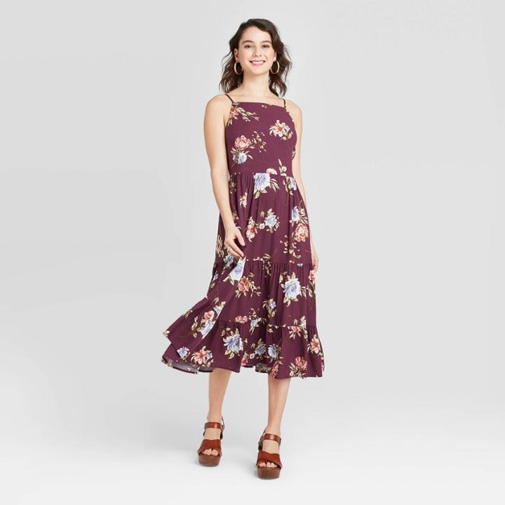 Women's Floral Print Sleeveless Lace-up Back Tiered Dress - Xhilaration Plum Xs, Women's, Purple