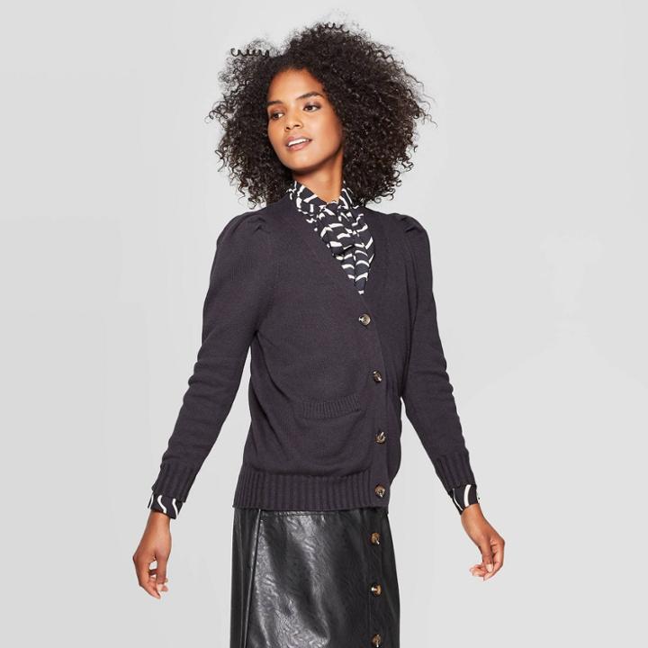 Women's Puff Shoulder Long Sleeve Cardigan - Who What Wear Black