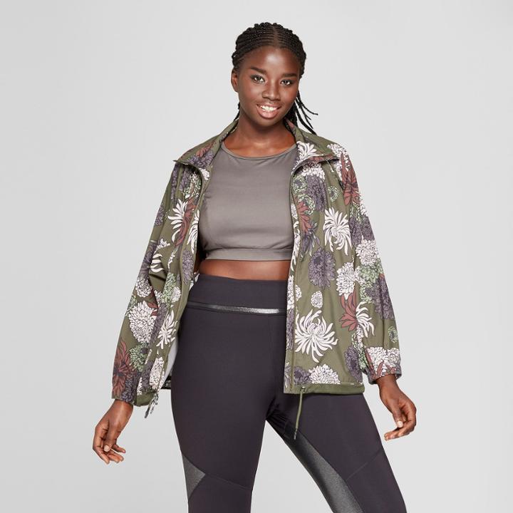 Target Women's Plus Size Floral Chrysanthemum Print Raglan Softshell Jacket - Joylab Olive