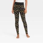 Women's Foil Print Tree And Ornament Seamless Fleece Lined Leggings - Wondershop Black/gold