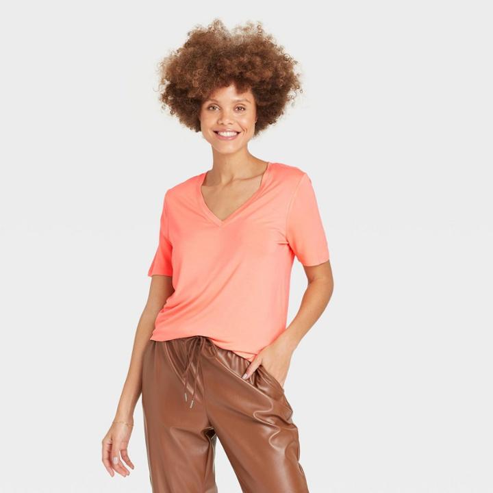 Women's Short Sleeve V-neck T-shirt - A New Day Pastel Peach