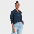 Women's Long Sleeve Gauze Button-down Shirt - Universal Thread Navy