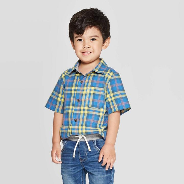Petitetoddler Boys' Plaid Short Sleeve Button-down Shirt - Cat & Jack Blue 12m, Toddler Boy's