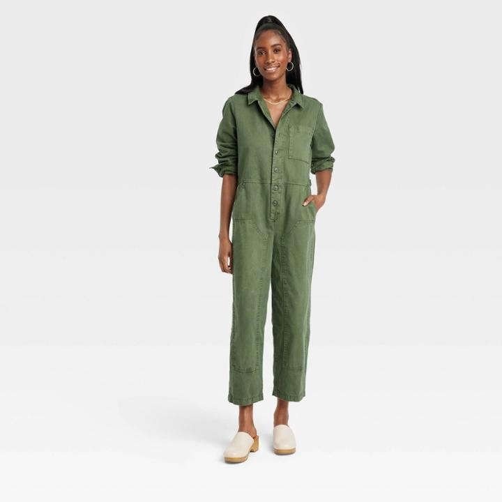 Women's Long Sleeve Button-front Boilersuit - Universal Thread Green
