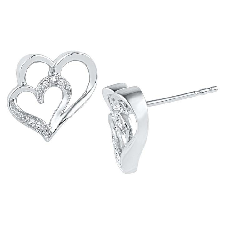 Distributed By Target Women's Diamond Accent Prong Set Double Heart Stud Earring In Sterling Silver (ij-i2-i3), White