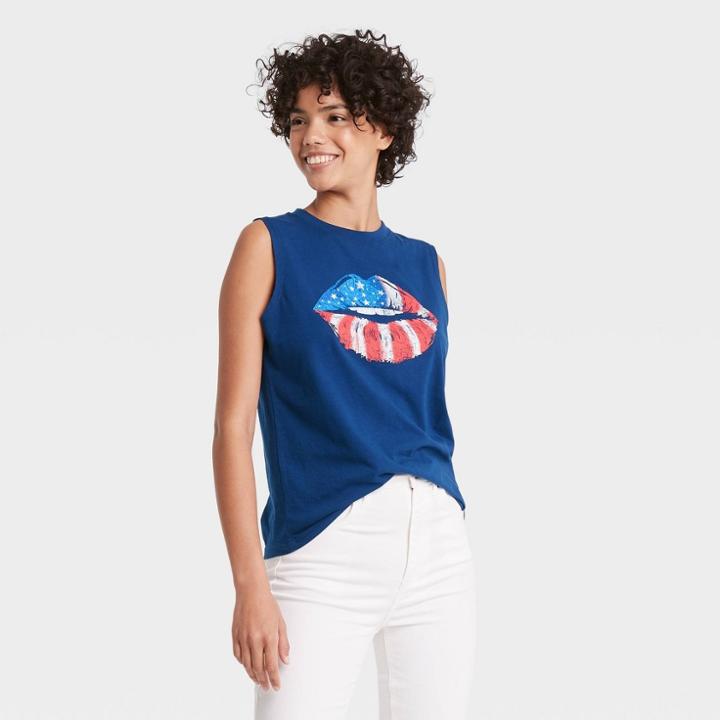Fifth Sun Women's Americana Lips Graphic Tank Top - Blue