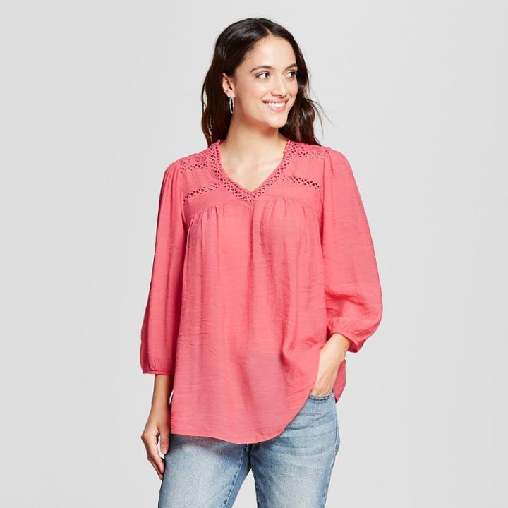 Johnpaulrichard Women's 3/4 Sleeve Eyelet Peasant Blouse - John Paul Richard - Coral