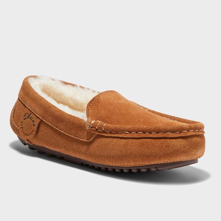 Kids' Dluxe By Dearfoams Jasper Genuine Shearling Moccasin Slippers - Dark Chestnut