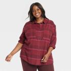 Women's Plus Size Long Sleeve Button-down Flannel Tunic Shirt - Ava & Viv Burgundy Plaid X, Red Plaid