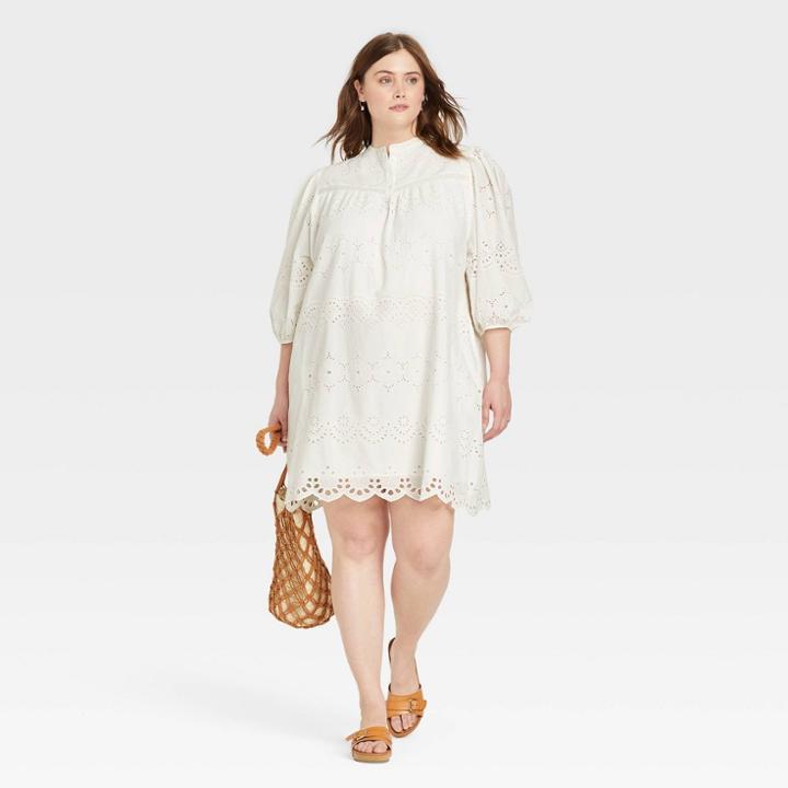 Women's Plus Size 3/4 Sleeve Eyelet Short Dress - Universal Thread White
