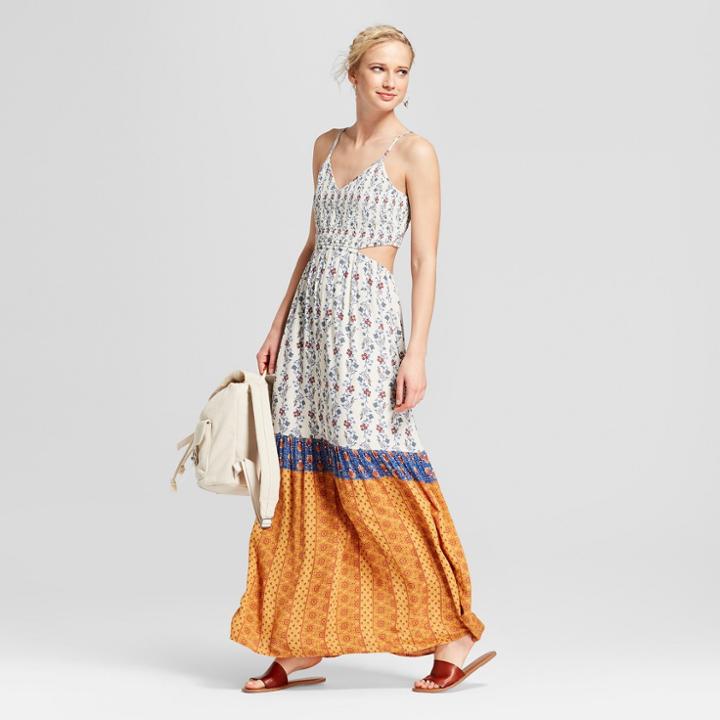 Women's Floral Strappy Smocked Top Cut Out Maxi Dress - Xhilaration Sand (brown)