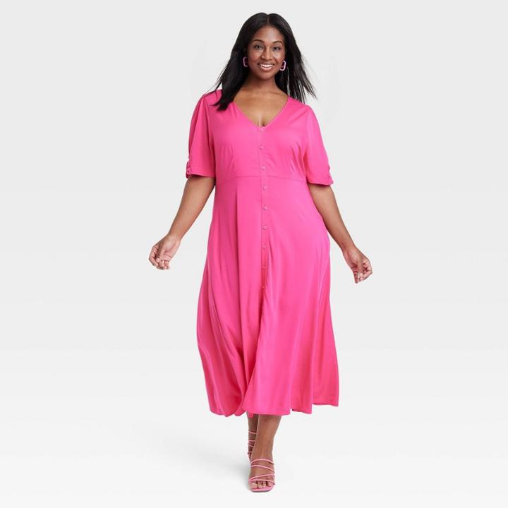 Women's Short Sleeve Button-front Shirtdress - Ava & Viv Pink