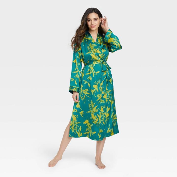Women's Floral Print Long Satin Robe - Stars Above Green