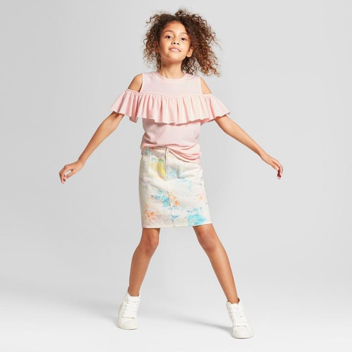 Girls' Cold Shoulder Short Sleeve Ruffle T-shirt - Art Class Pink