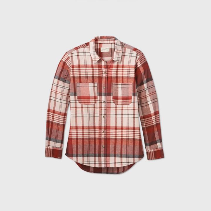 Women's Plaid Long Sleeve Button-down Flannel Shirt - Universal Thread Burgundy
