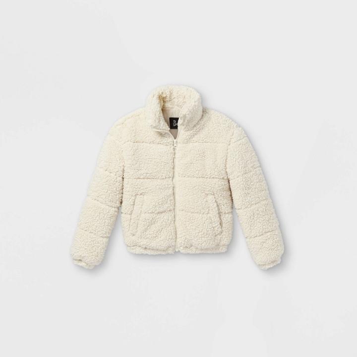 Girls' Sherpa Cropped Puffer Jacket - Art Class Ivory